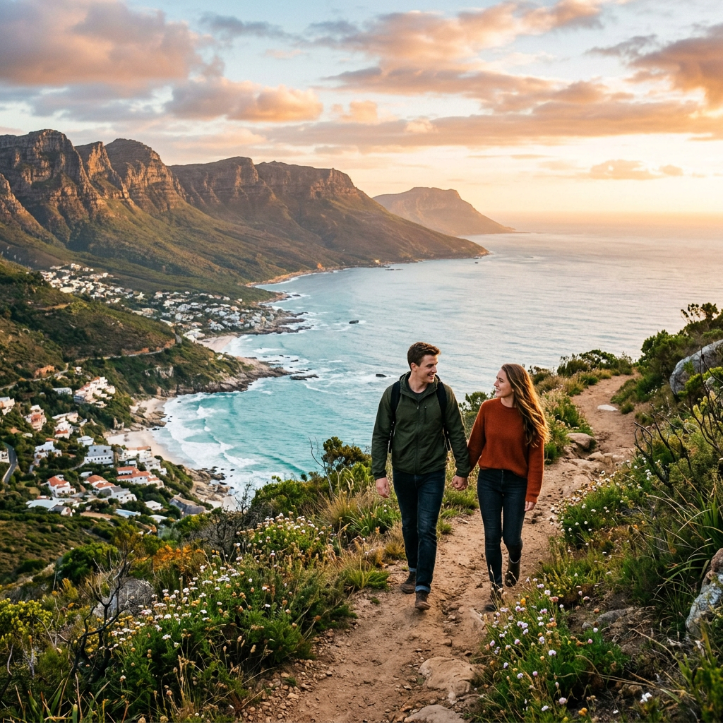 Couple walking hand-in-hand on mountain trail overlooking ocean and coastline